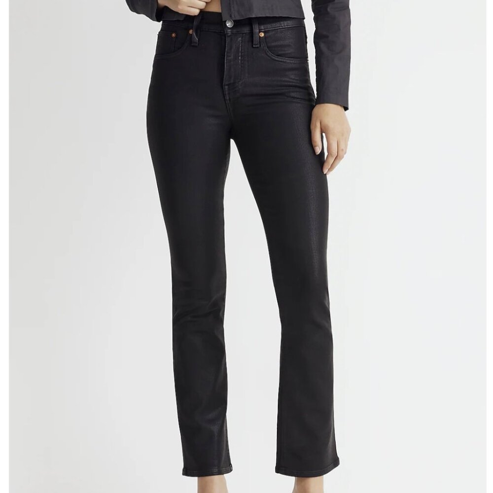 Leather coated denim kick out crop jeans